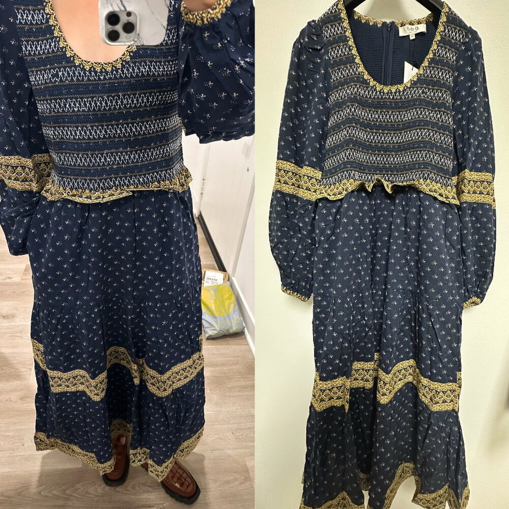 NTW Sea NY Arlita Long Sleeve U-Neck Smocked Navy Print Embroidery Dress Medium